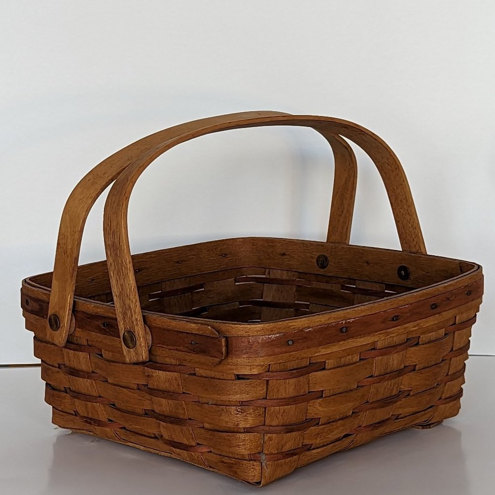 Longaberger Vintage Brown and Red Basket with Wood Handles 10 x 10 x 4 Handmade
